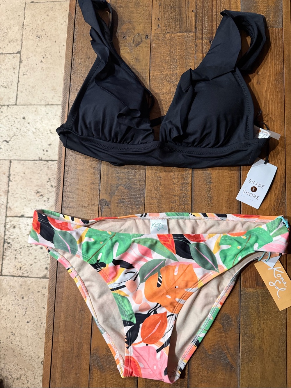 Shade & Shore Black Bikini Top with Multicolor Tropical Print Bottom
